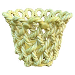 Vintage French Country Yellow Ceramic Woven Rope Cachepot Basket