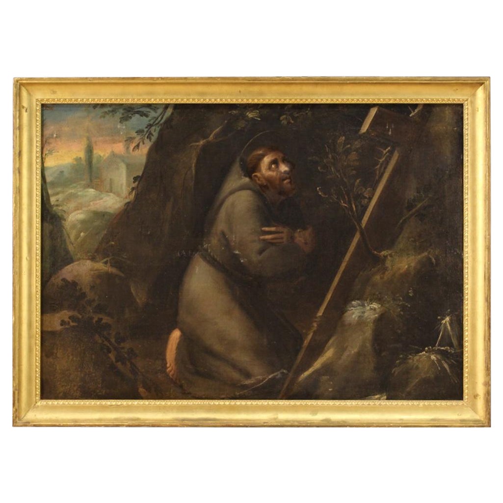 18th Century Oil on Canvas Framed Italian Religious Painting Saint Francis 1720 For Sale
