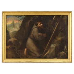 Antique 18th Century Oil on Canvas Framed Italian Religious Painting Saint Francis 1720