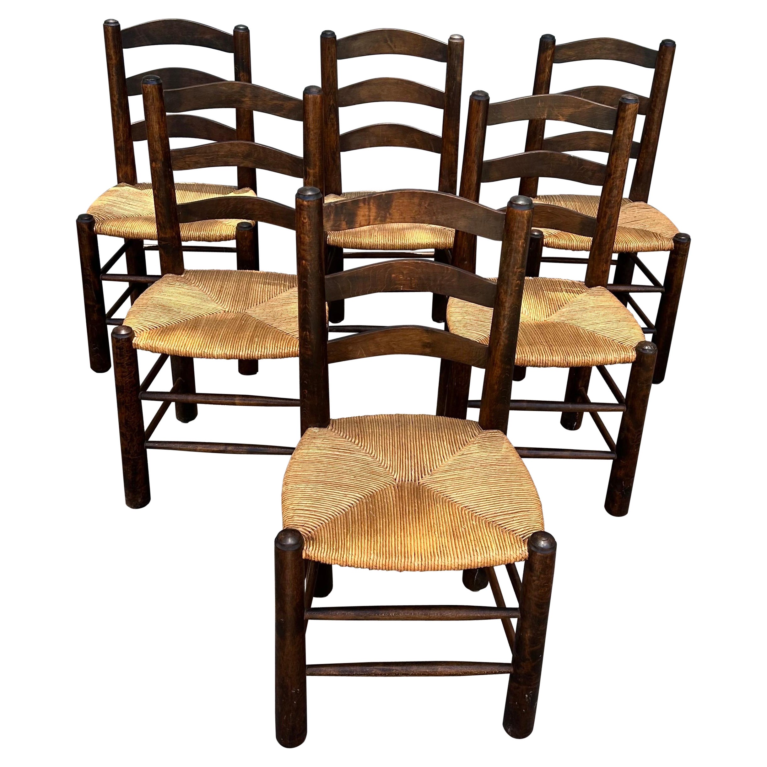 Ensemble de 6 chaises jonc de style Charlotte Perriand