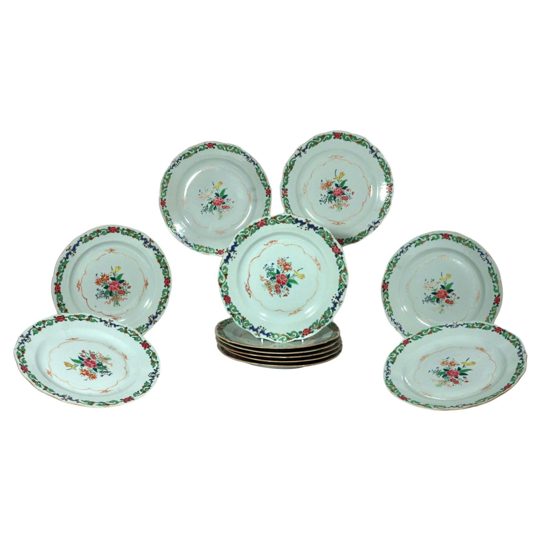 Chinese Export Famille Rose Porcelain Plates with Green Enamel, Set of Twelve