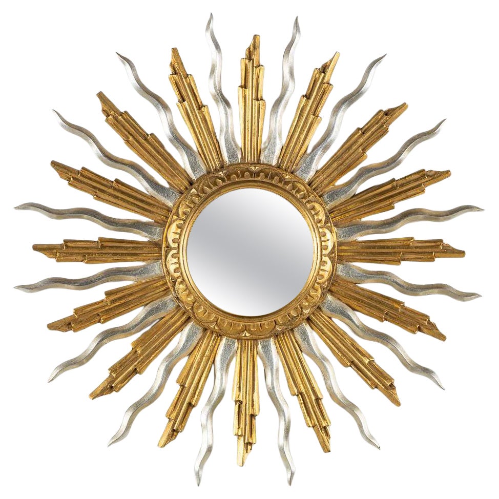 Gold and Silver mid-Century Giltwood Vintage Sunburst Mirror For Sale