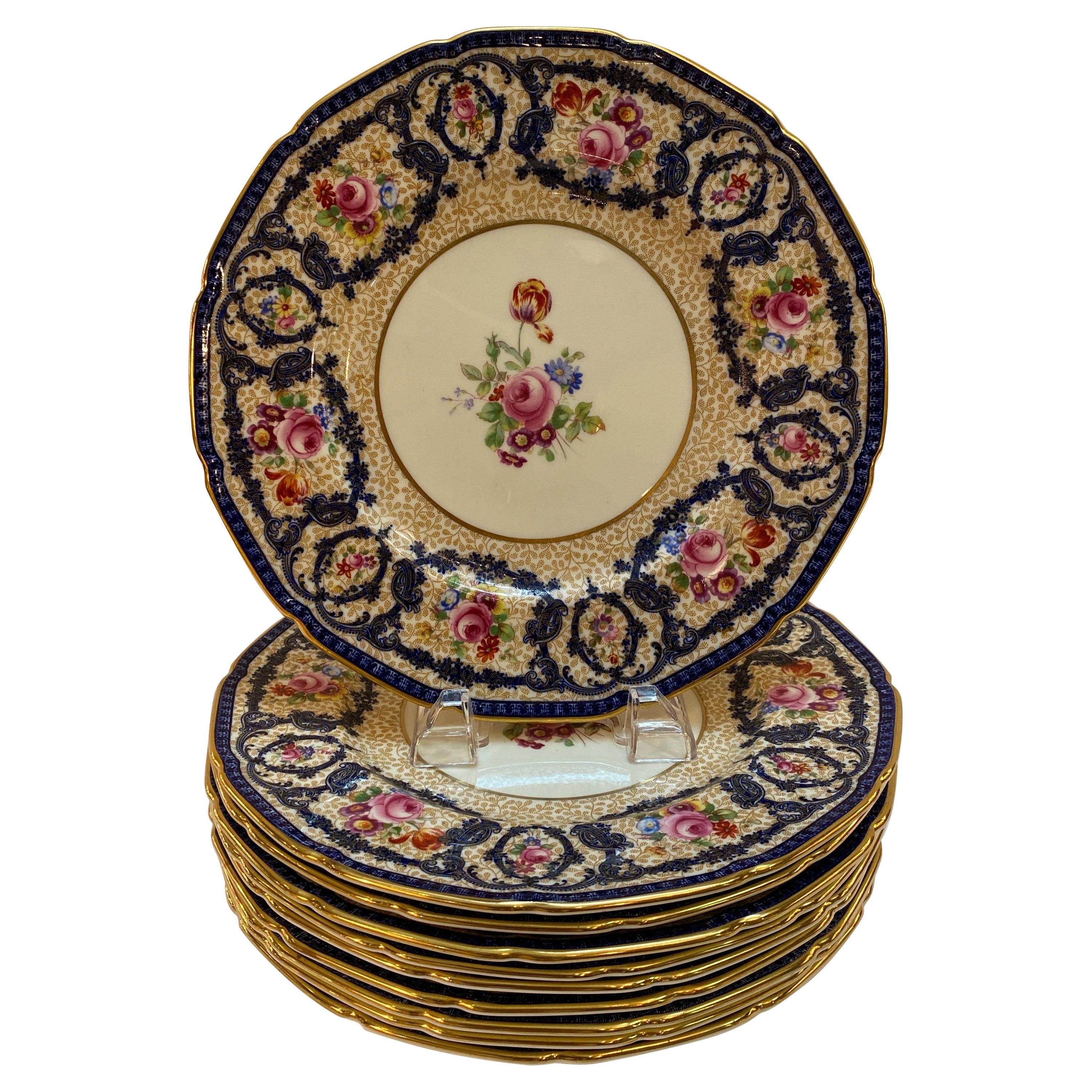 A Set of 10 Hand Painted Antique Service Plates by Royal Doulton Circa 1915 For Sale