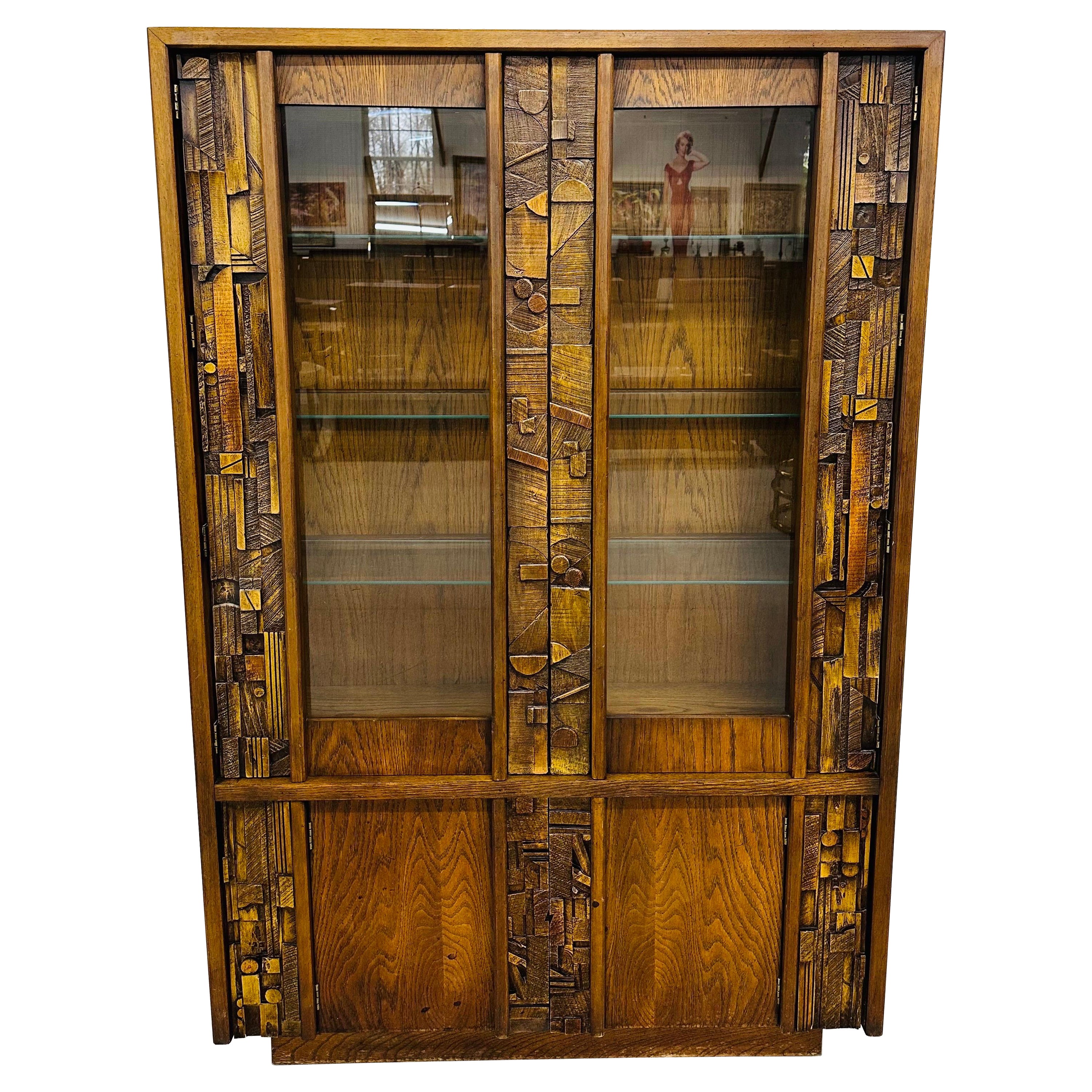 Mid-Century Modern Lane Pueblo Brutalist Display Cabinet For Sale