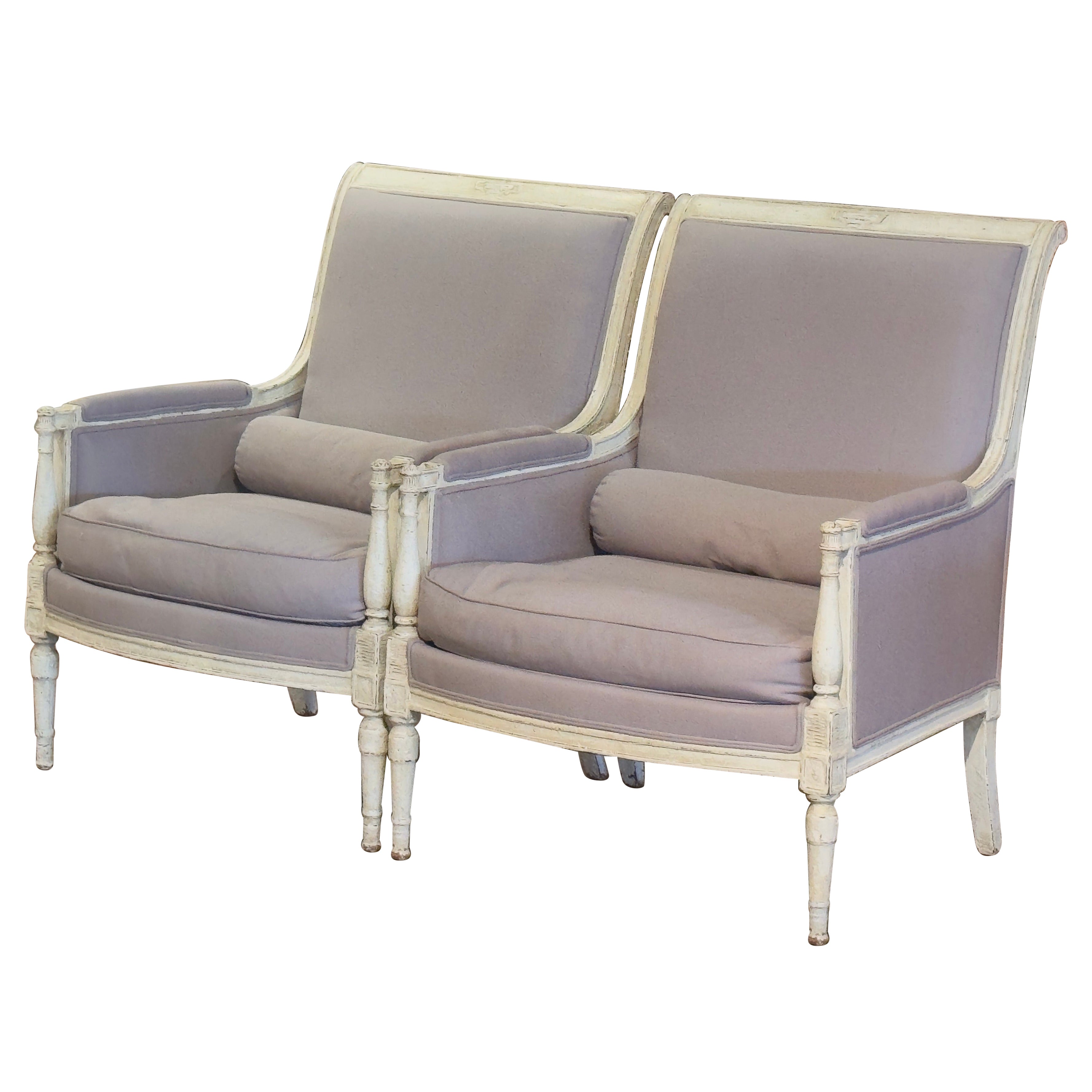 Pair of 19th Century French Louis Philippe Carved Painted Upholstered Armchairs For Sale