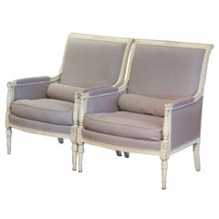 Pair of 19th Century French Louis Philippe Carved Painted Upholstered Armchairs