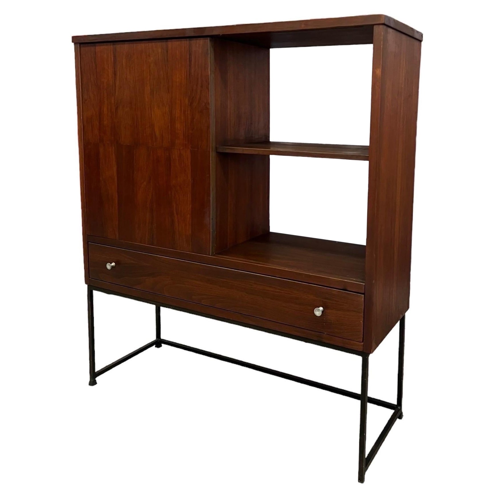 Vintage Mid Century Modern Bookshelf With Sliding Door and Dovetailed Drawers For Sale