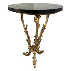 Antique French Art Nouveau Brass Gueridon Marble Top Side Table