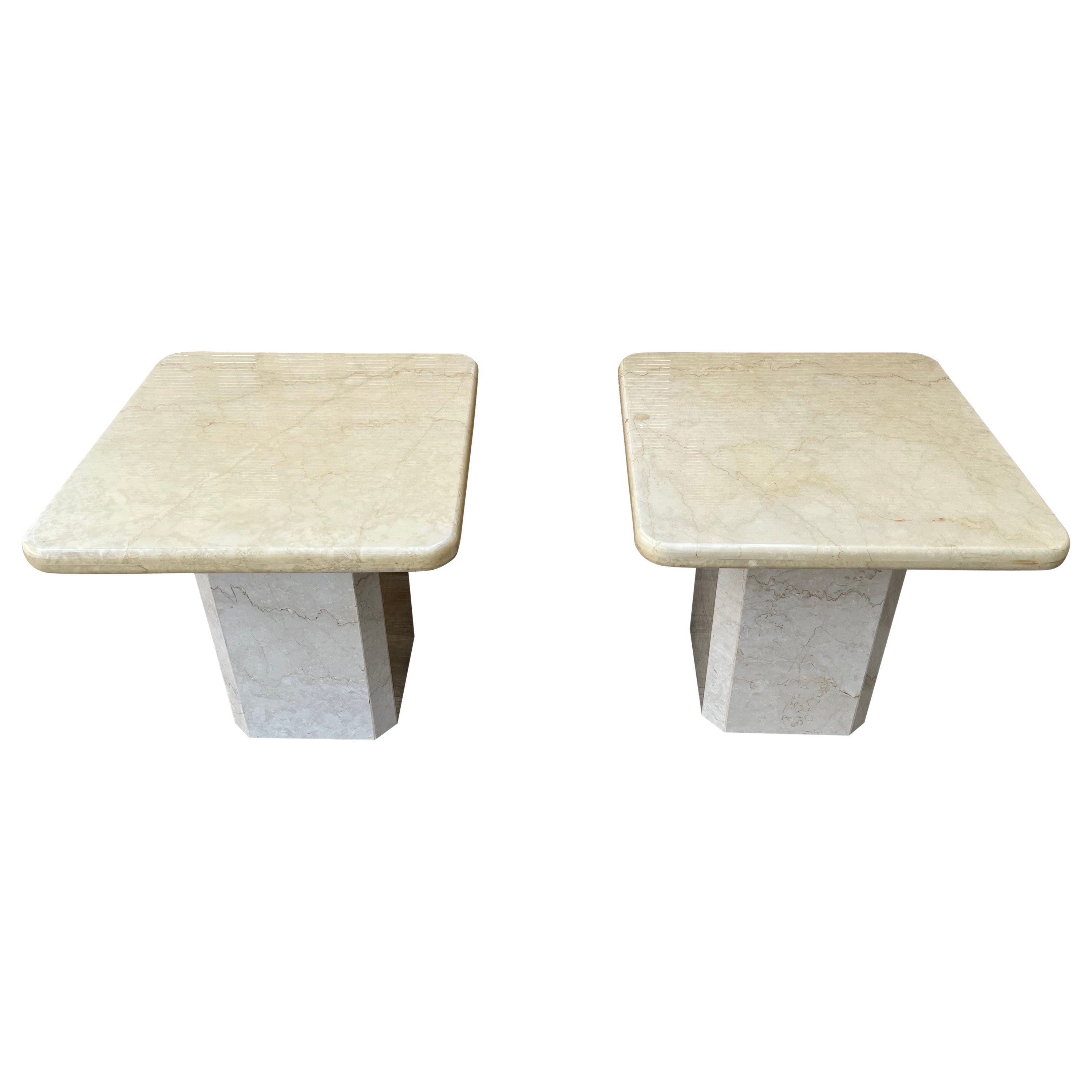 Pair of Postmodern Two Tones Italian Marble End Tables. Circa 1980s 