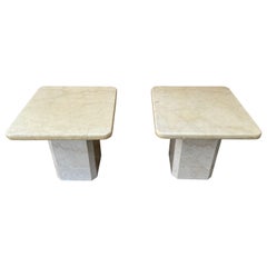 Vintage Pair of Postmodern Two Tones Italian Marble End Tables. Circa 1980s 