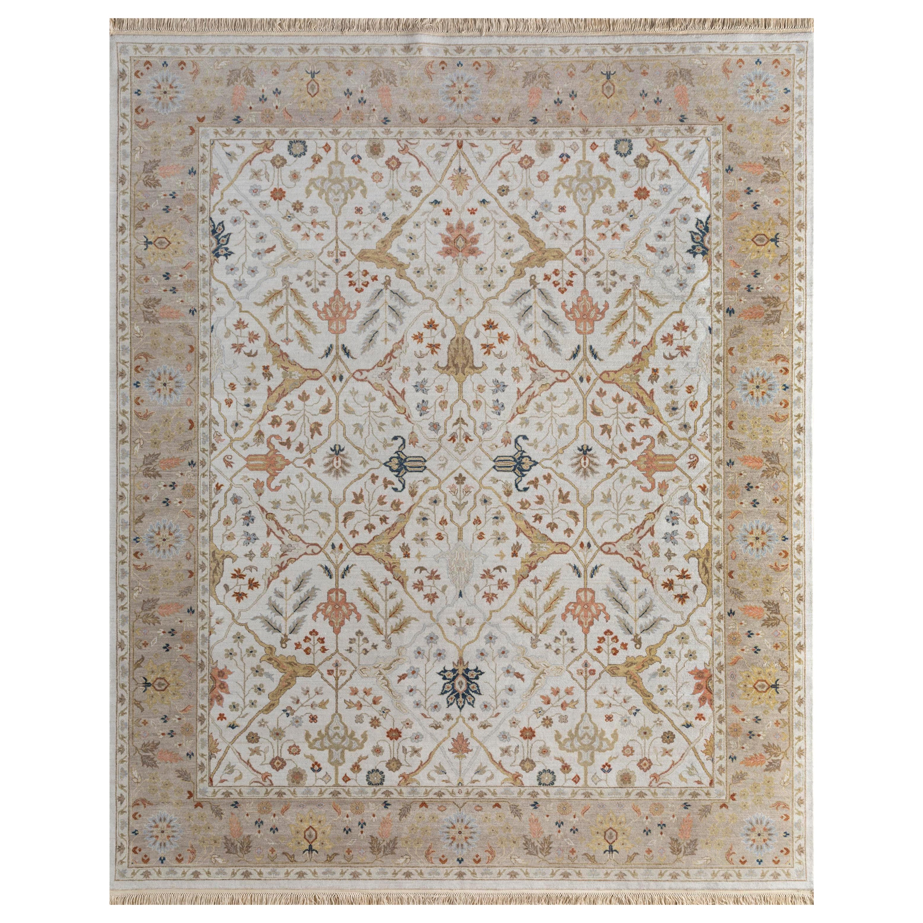 Flora Fantasia White & Silky Beige 300x420 cm Handknotted Rug For Sale
