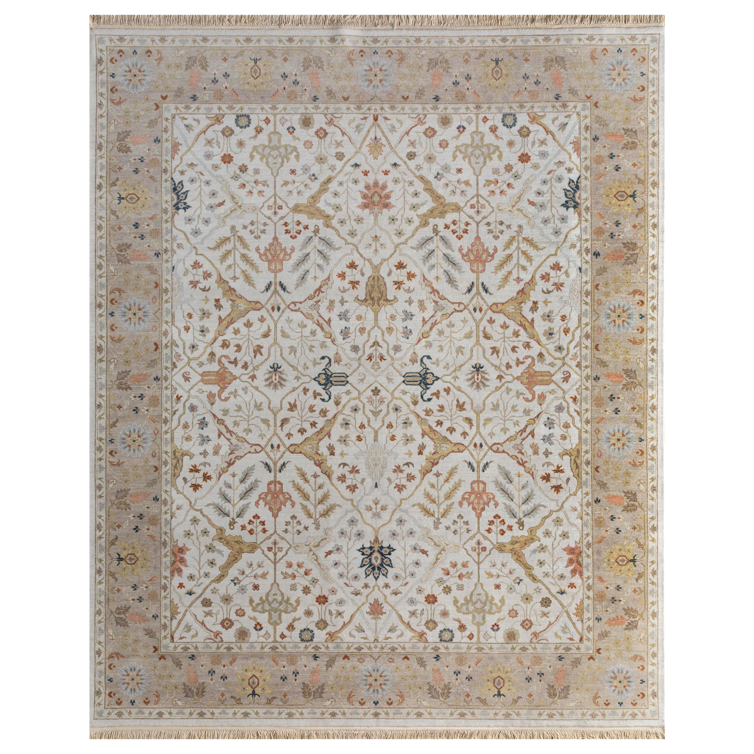 Flora Fantasia Alfombra Anudada a Mano Blanca y Beige Sedoso 300x420 cm