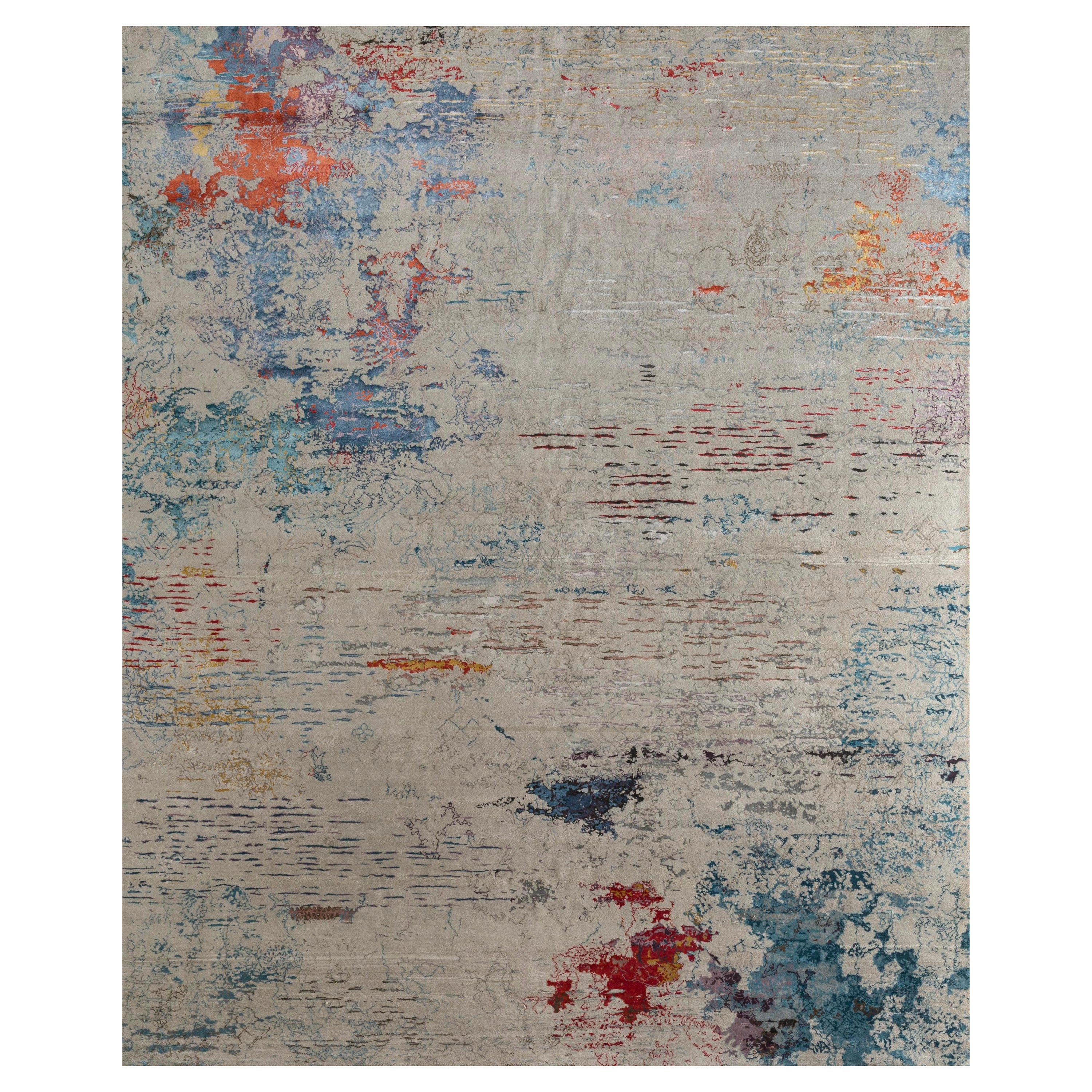 Alfombra anudada a mano Elysian Waves Blanco antiguo y verde azulado intenso 270x360 cm