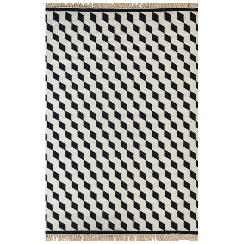 Alfombra anudada a mano clásica contraste ébano y blanco 198x288 cm en venta
