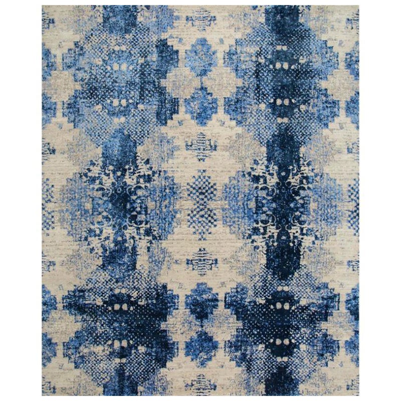 Tapis noué à la main, abstrait, ivoire et bleu marine 195X295 cm