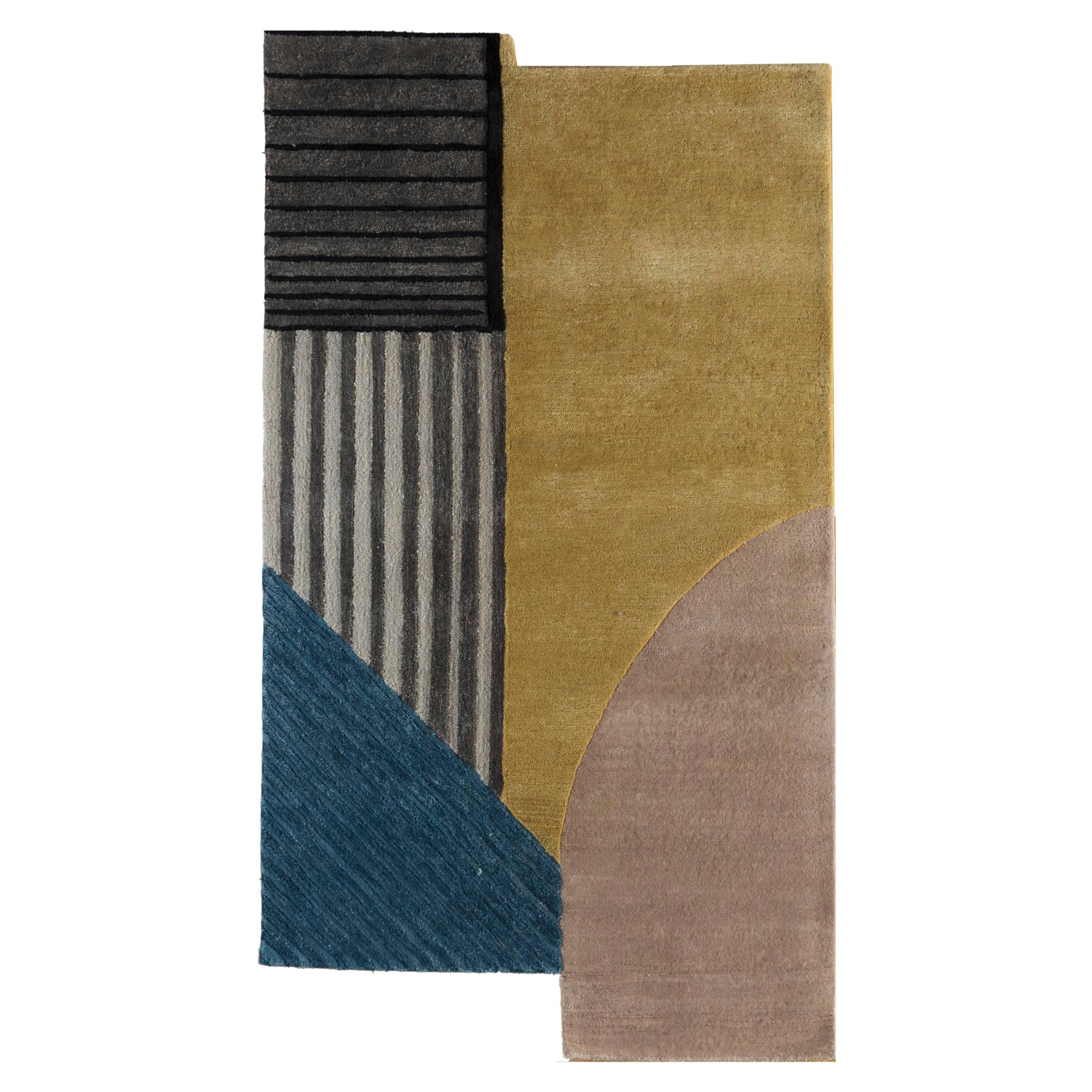 Artisanal Folded Golden Apricot & Ink Blue 120x210 cm Hand Tufted Rug For Sale