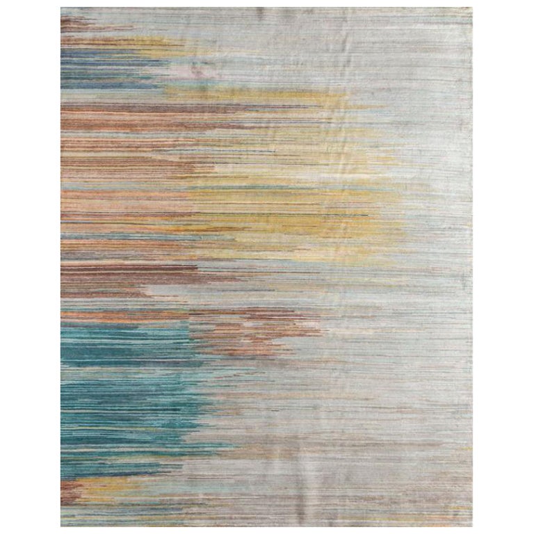 Brushstrokes of Brilliance White & Cool Aqua 168x240 cm Handknotted Rug For Sale