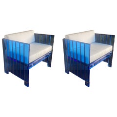 Pair of Mid-Century Modern Blue Lucite and Bronze Sculptural Chairs