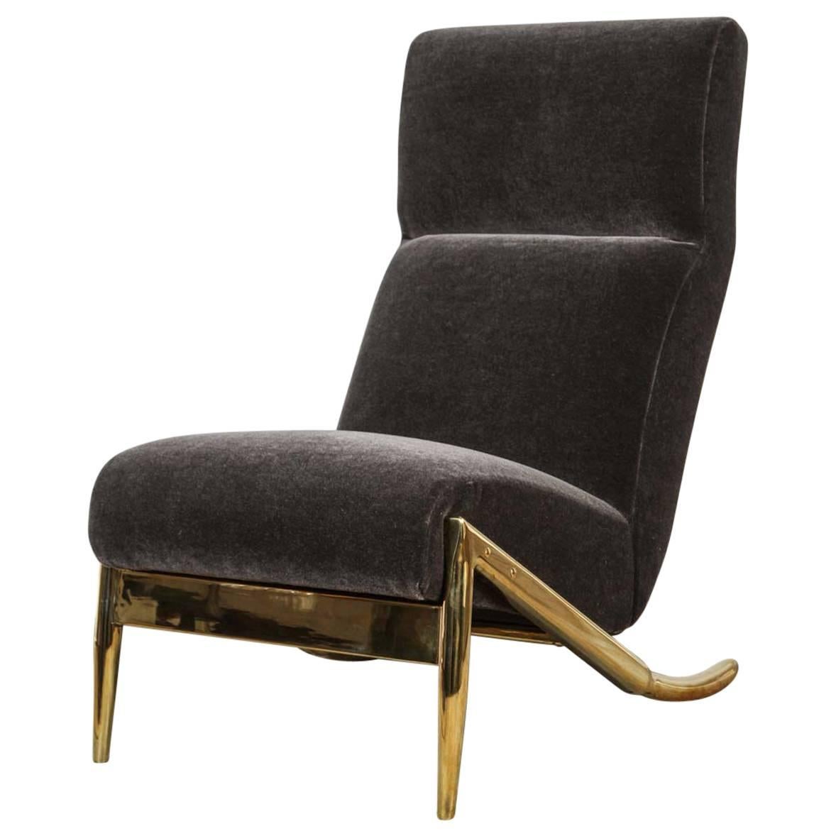 Paul Marra Slipper Chair in Brass with Mohair For Sale