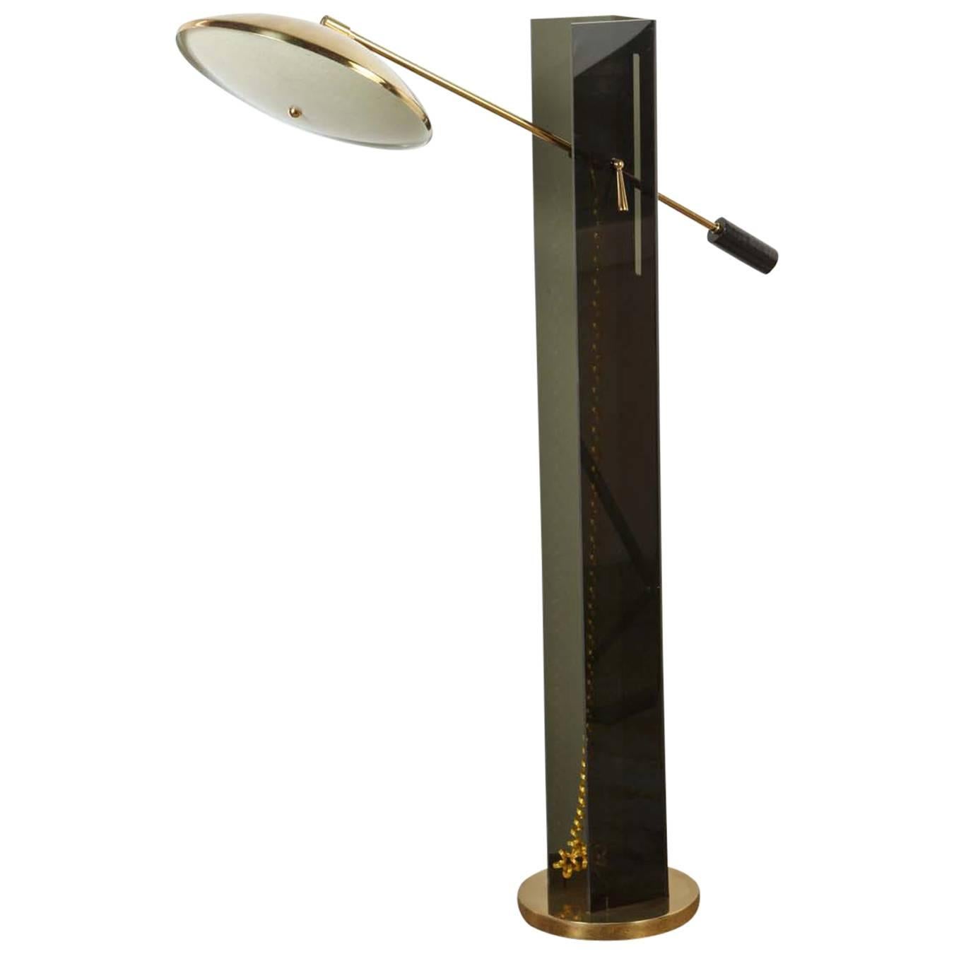 Mid-Century Smoke Acrylic and Brass Mid-Century Floor Lamp