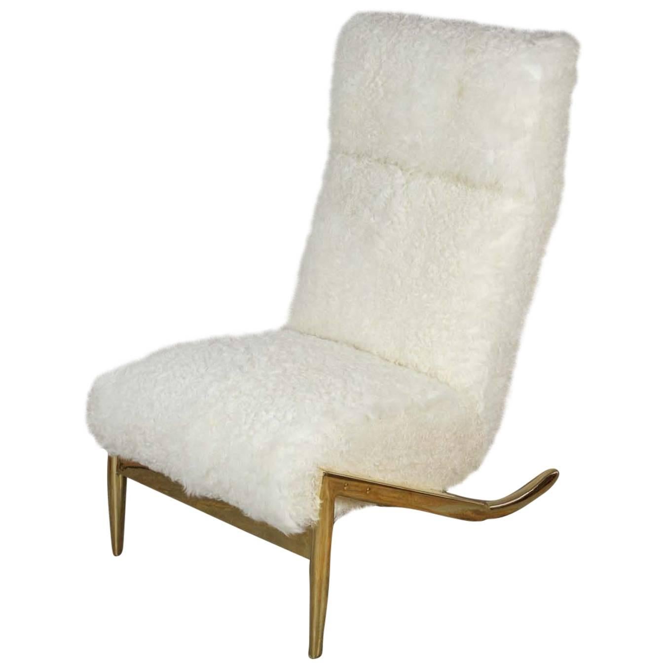 Paul Marra Slipper Chair in Brass with Curly Goat For Sale