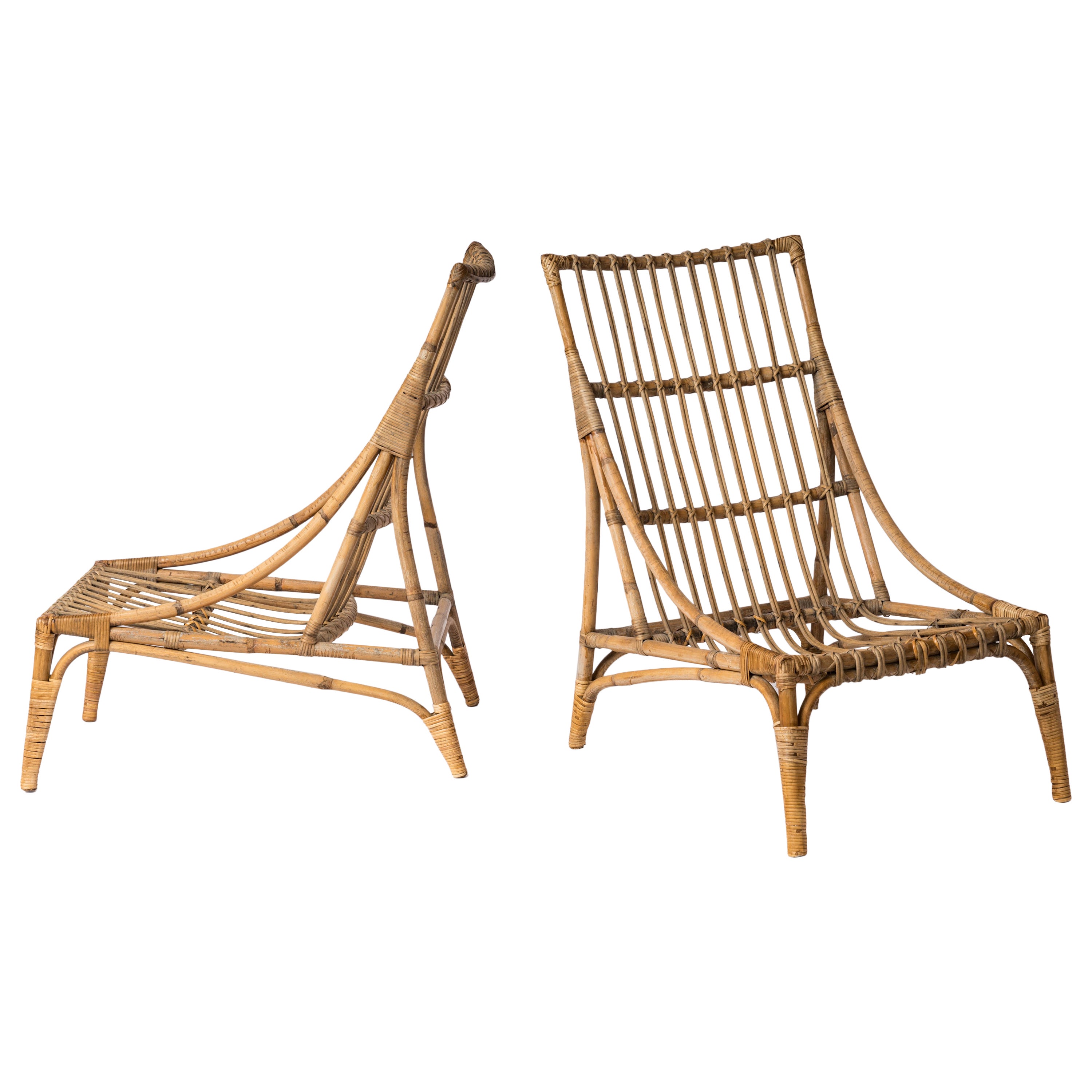 Pair of Rattan Lounge Chairs in the style of Audoux Minnet - France 1960's For Sale