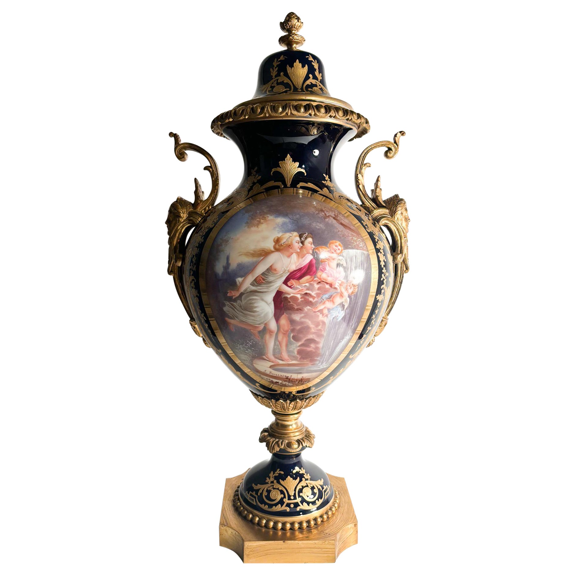Sèvres Porcelain Vase Painted by E. Baurens and Bronze Mount from the 1940s For Sale