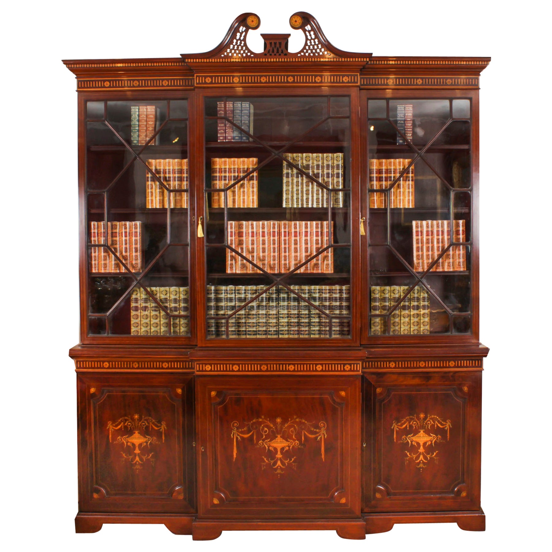 Antique Inlaid Three Door Breakfront Library Bookcase 19th Century For Sale