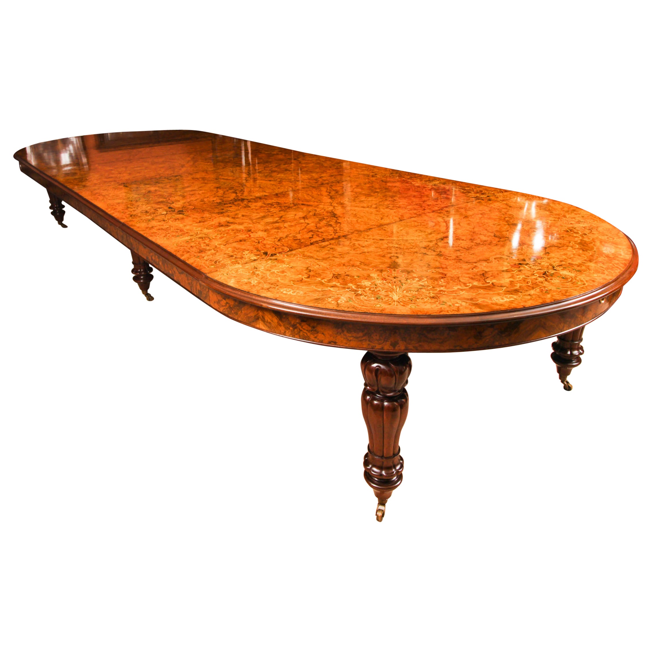 Vintage 17ft / 5 meter Floral Marquetry Burr Walnut Dining Table 20th C For Sale
