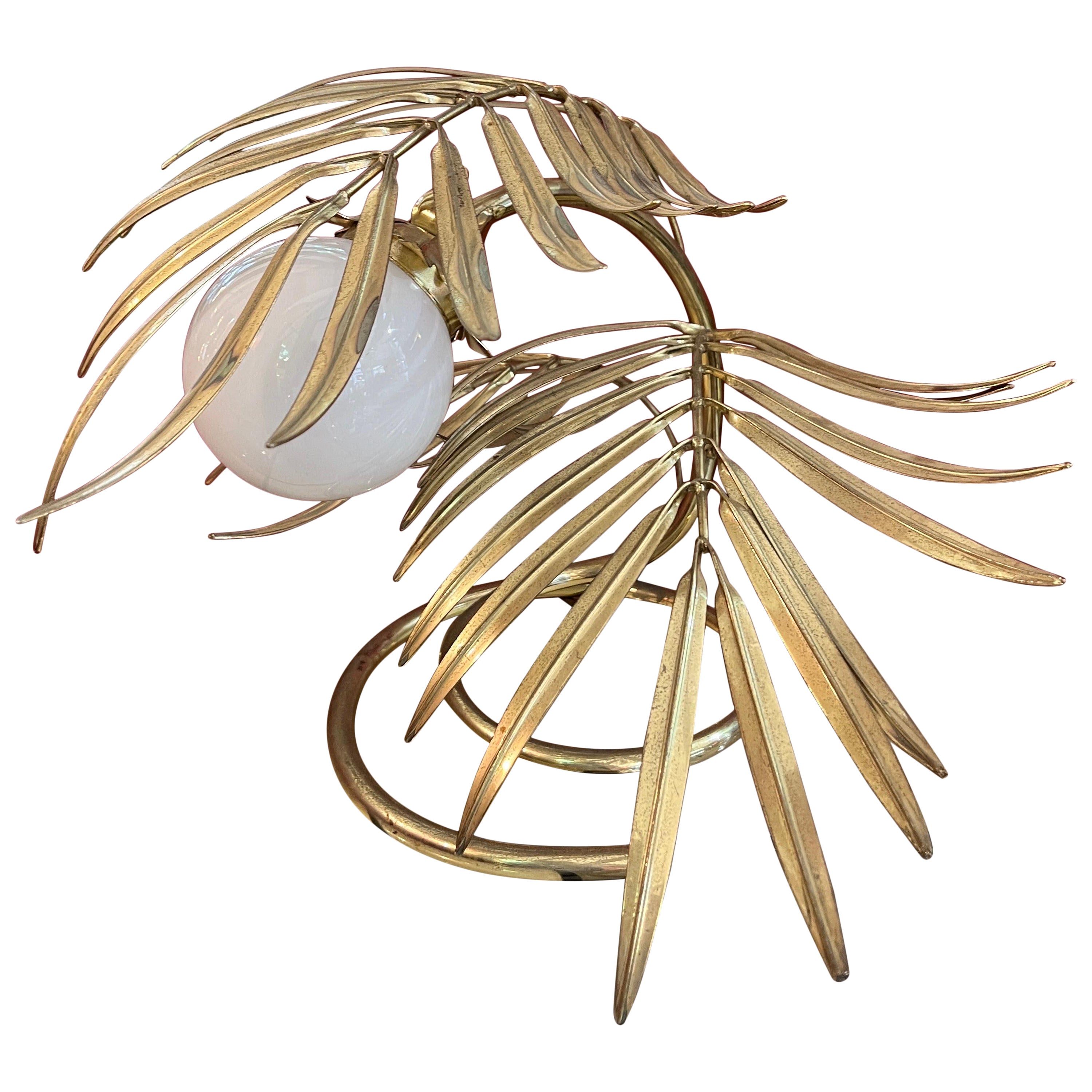 Enlightening Plant Brass Leaves Table Lamp with White Glass Sphere 1980 For Sale