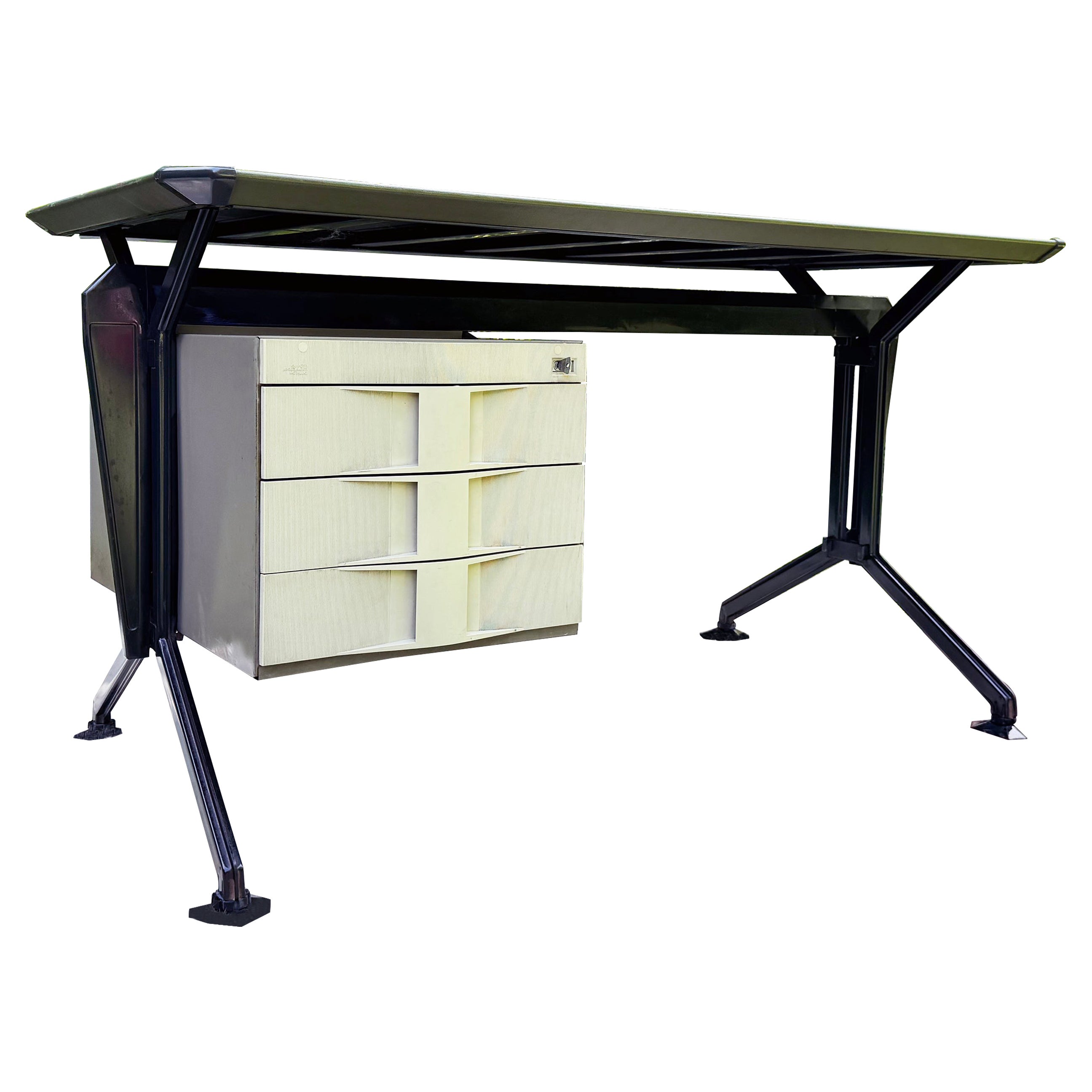 Studio BBPR for Olivetti Sintesis "Arco" Office 3-Drawer Desk w/ Key!, Italy 60s For Sale