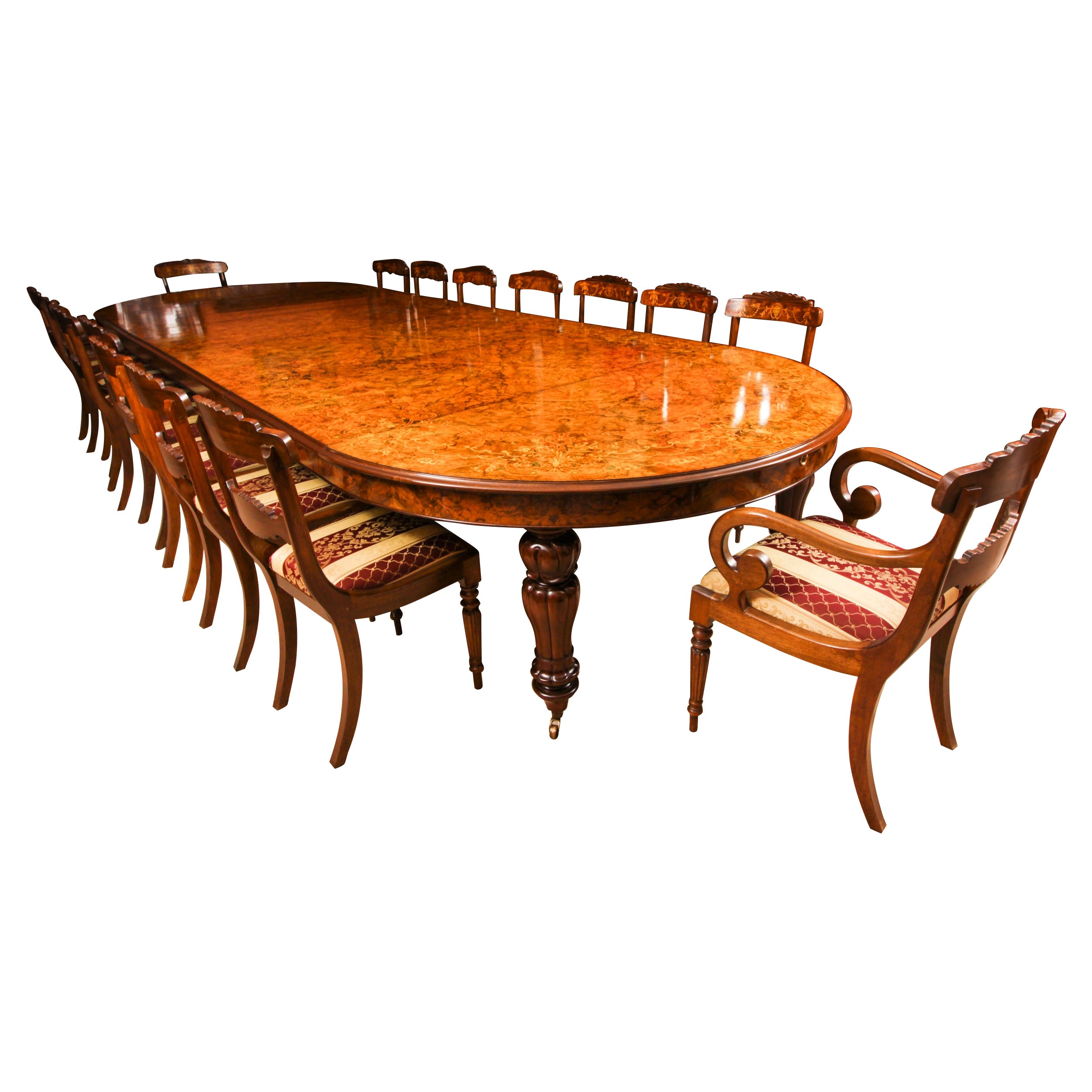 Vintage Marquetry Burr Walnut Extending Dining Table & 16 Chairs 20th C For Sale