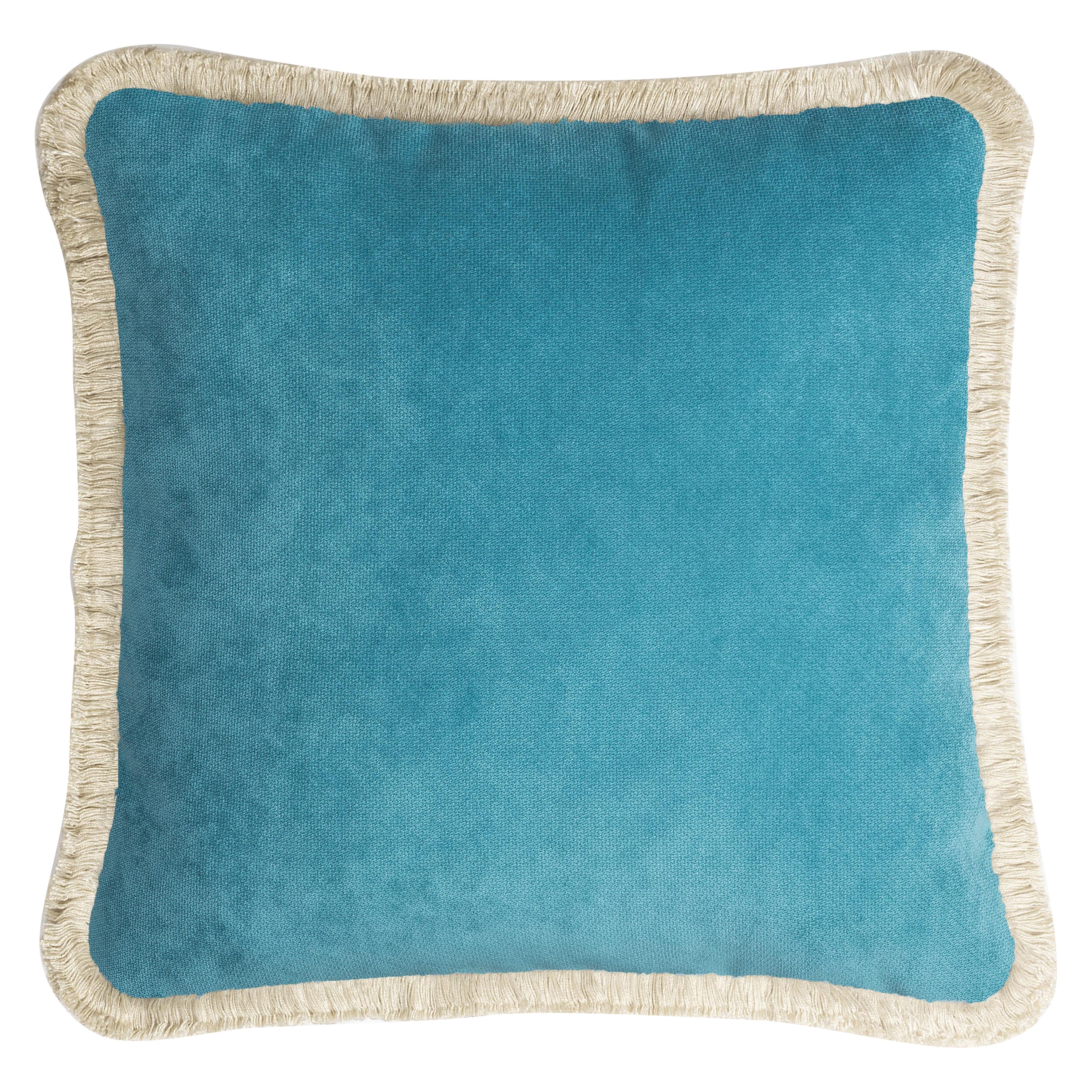 HAPPY PILLOW 40 Velvet Turquoise with Cream Fringes For Sale