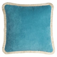 HAPPY PILLOW 40 Velvet Turquoise with Cream Fringes