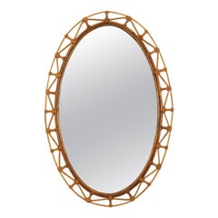 Vintage Large Rattan Oval Mirror with Geometric Frame, Spain, 1950s