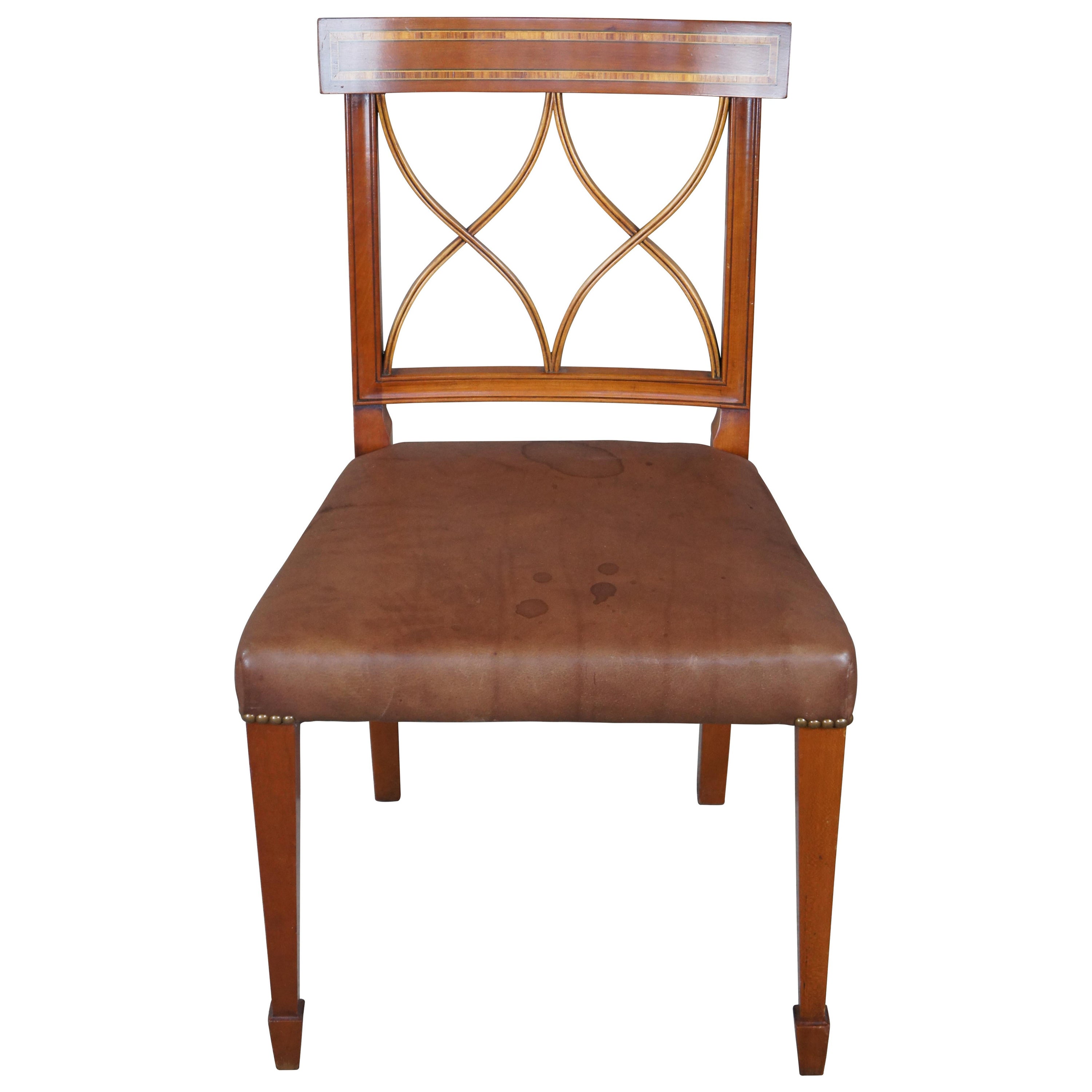 Arthur Brett English Sheraton Style Mahogany Inlaid Leather Dining Side Chair For Sale
