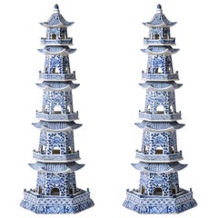 Vintage Pair of Tall Chinese Blue & White Porcelain Pagoda 
