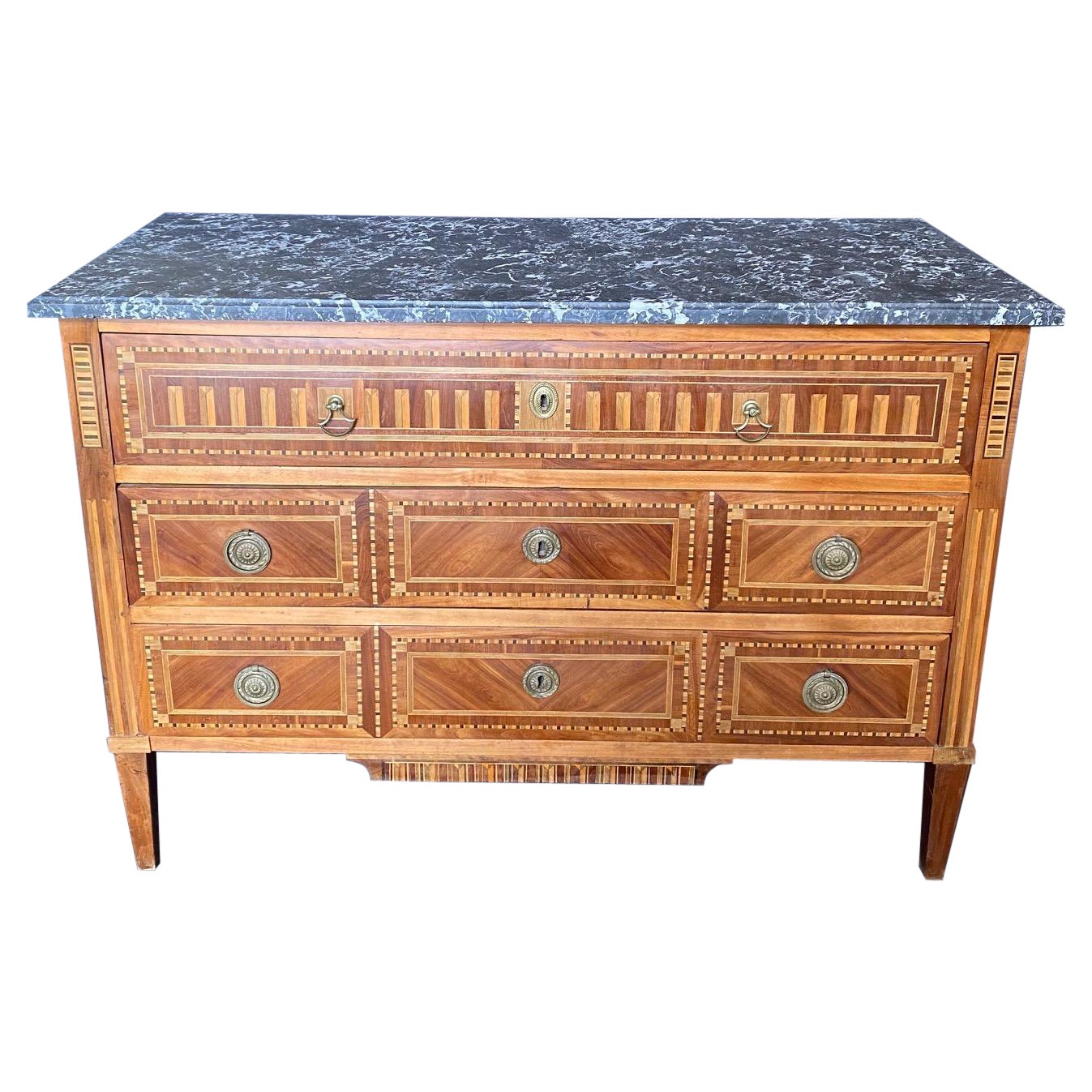 Late 18th Century French Neoclassical Louis XVI Inlaid Walnut Marble Top Commode