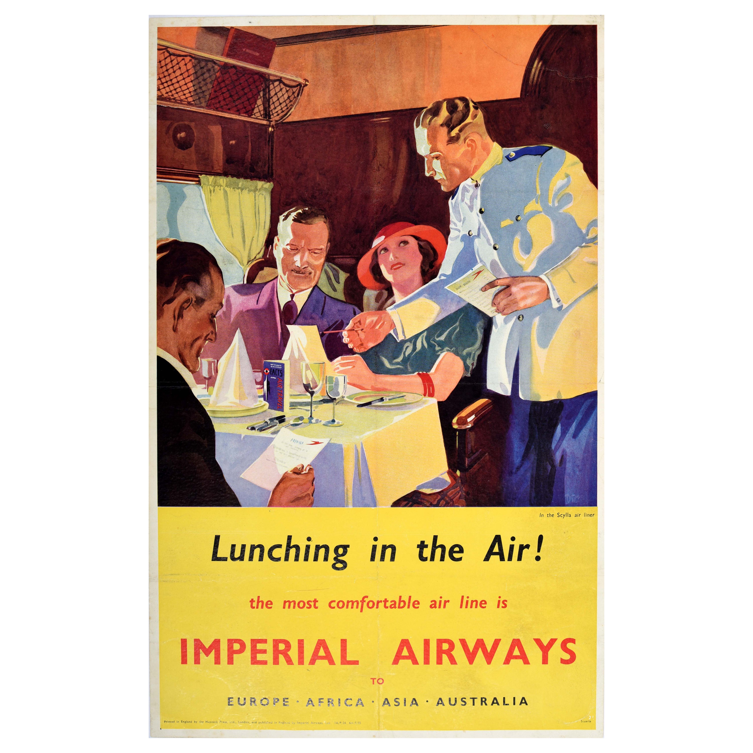 Original Vintage Travel Advertising Poster Imperial Airways Lunching In The Air For Sale