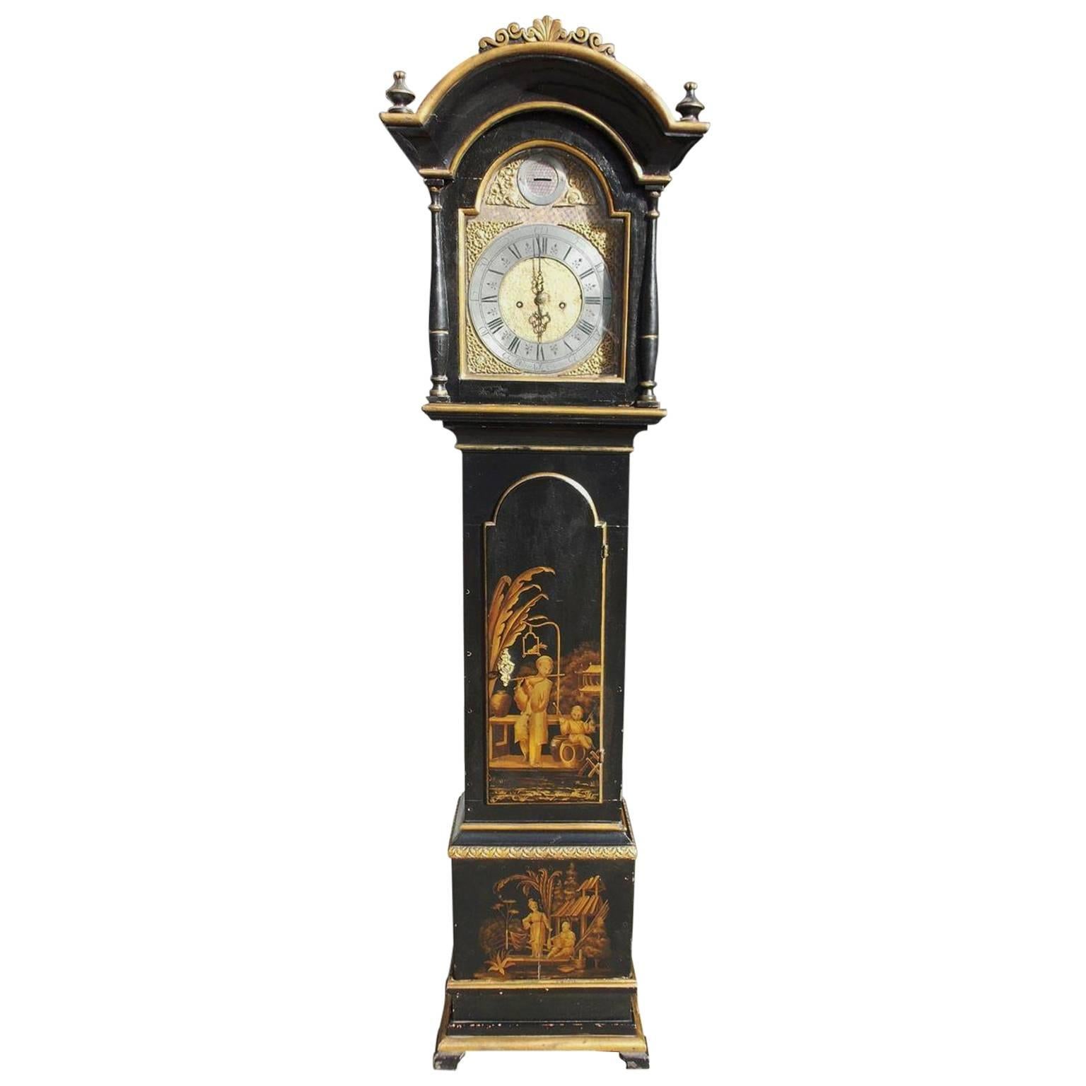 Swedish Black Lacquered and Gilt Chinoiserie Tall Case Clock, Lanner, Circa 1775 For Sale
