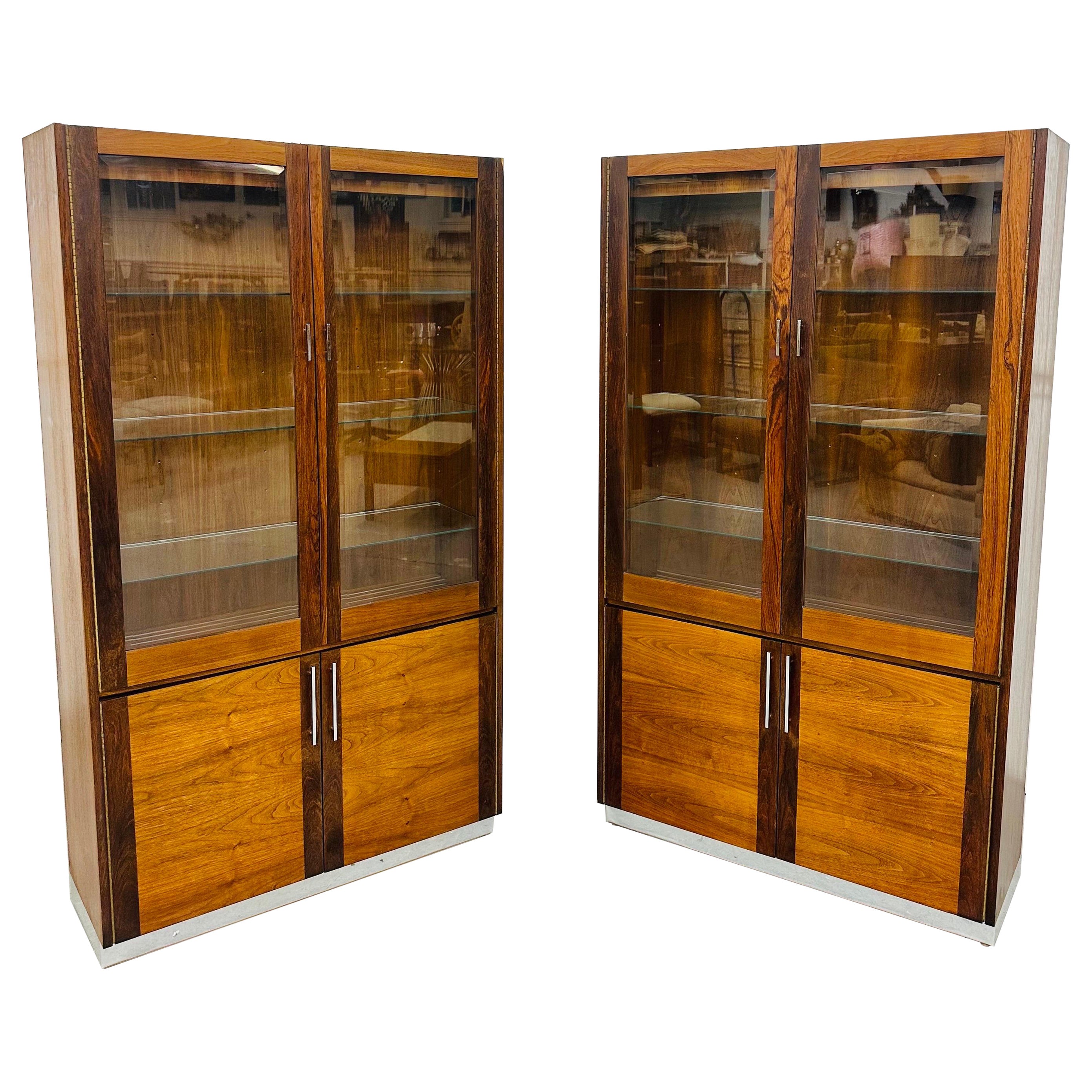 Mid-Century Modern Lane Walnut Display Cabinets - Set of 2