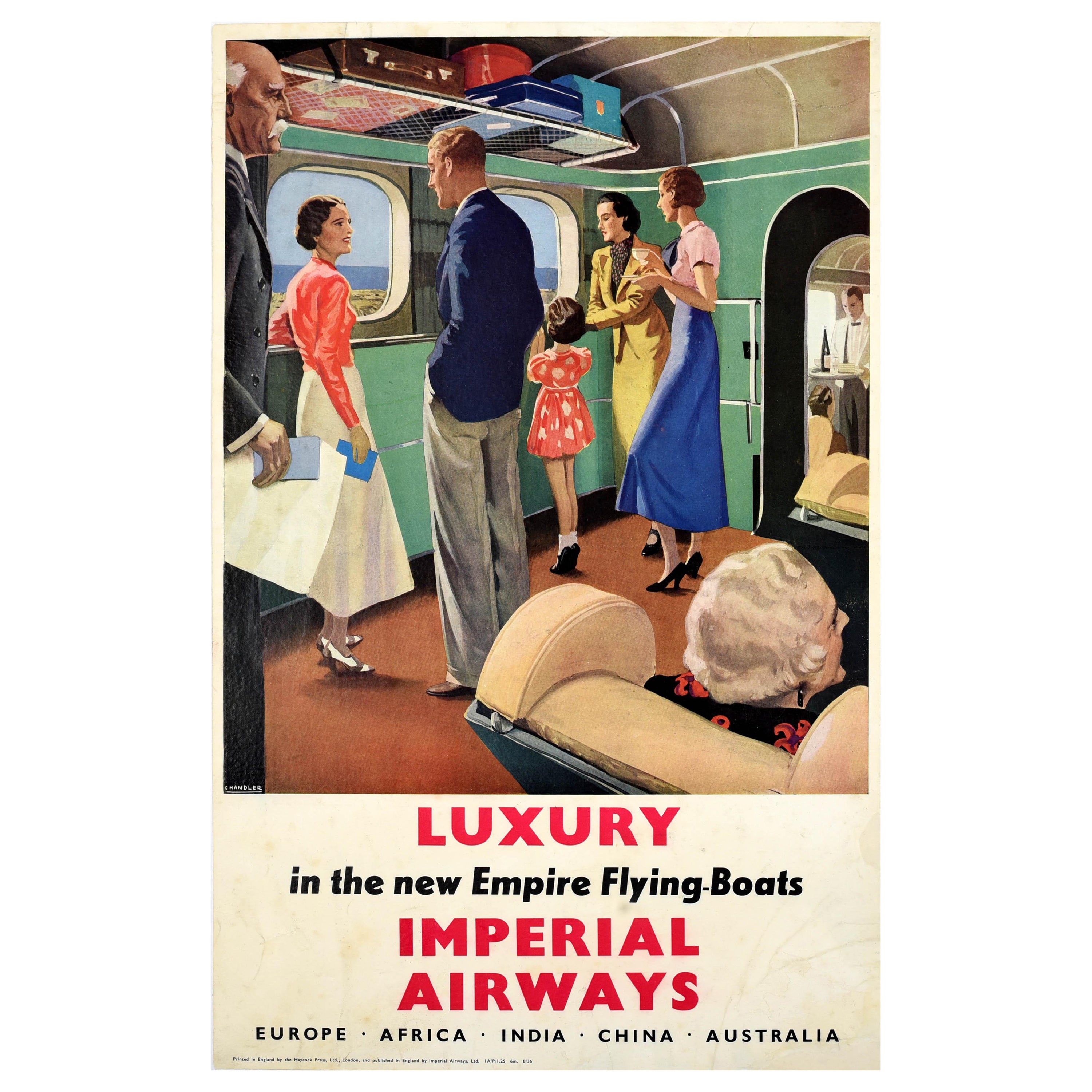 Original Vintage Air Travel Poster Imperial Airways Luxury Empire Flying Boats  For Sale