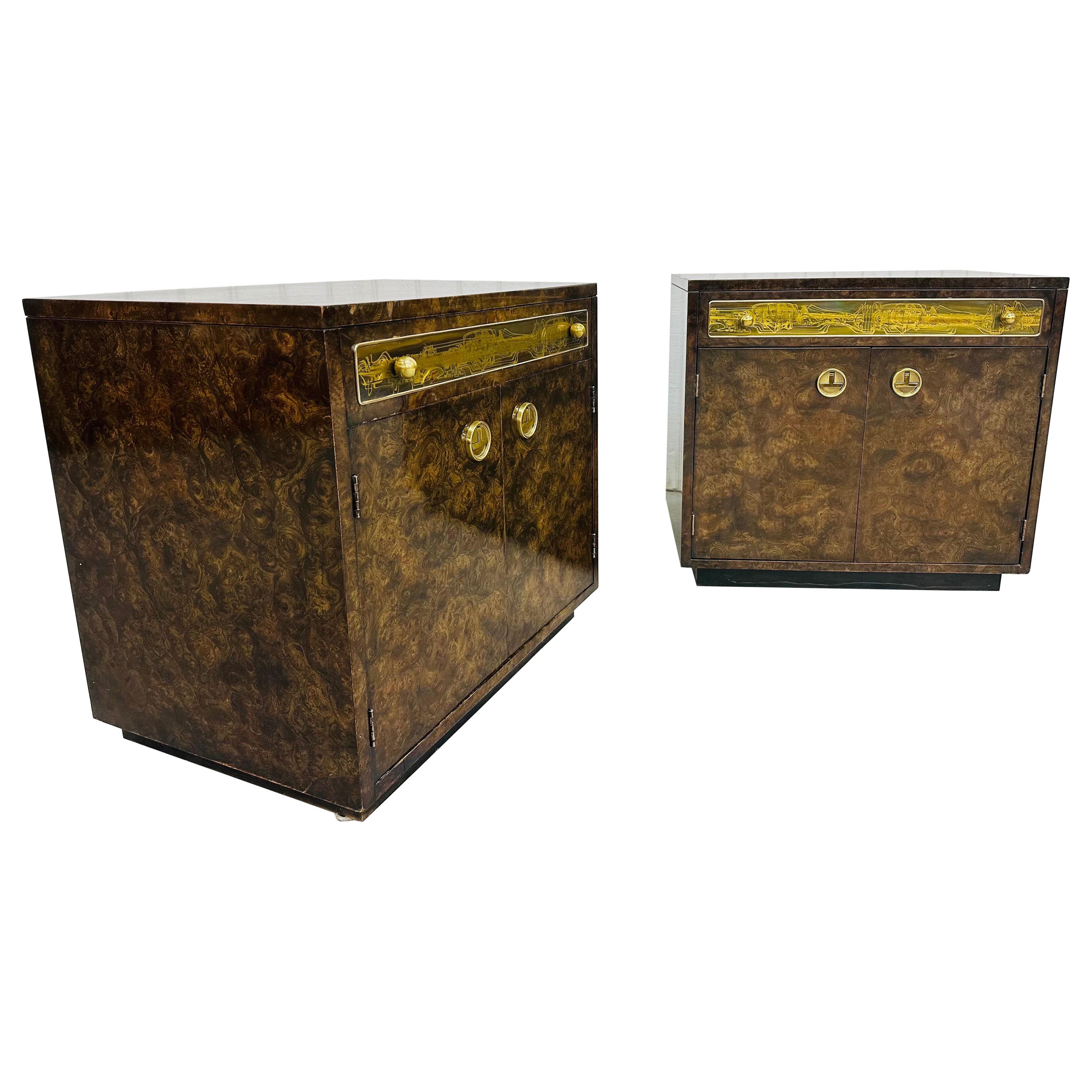 Mid-Century Modern Mastercraft Burled Wood & Brass Nightstands - Set of 2 For Sale
