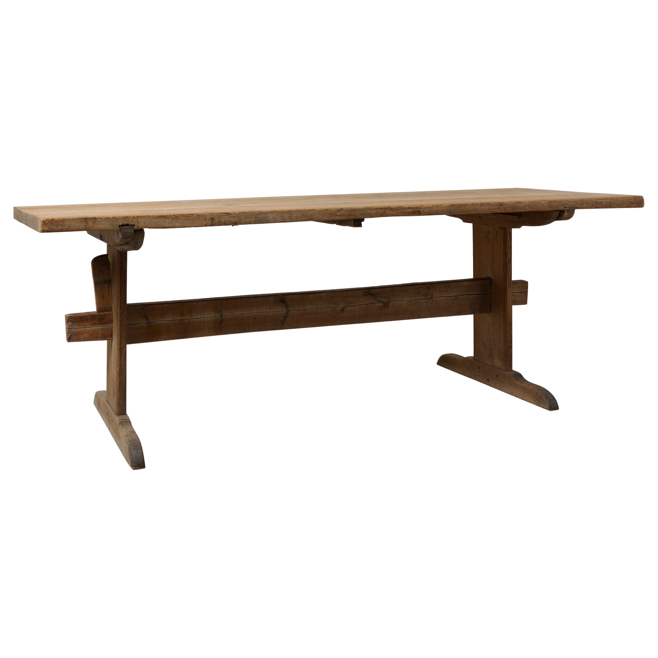 Antique Large Trestle Dining Table, Swedish Solid Pine with Genuine Patina  For Sale