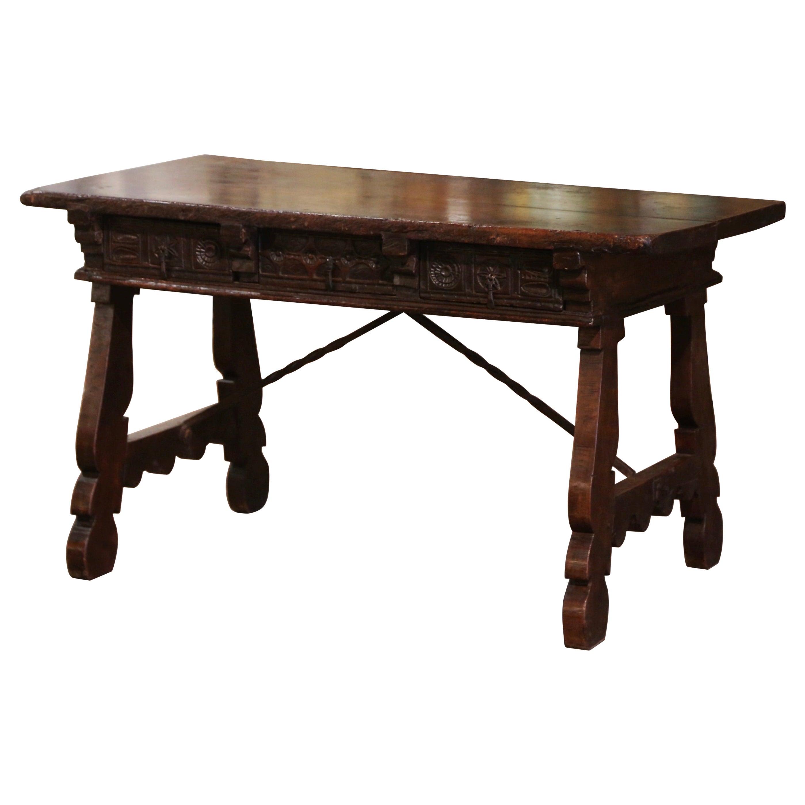 18th Century Spanish Carved Walnut Desk Writing Table with Iron Stretcher