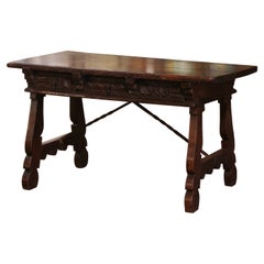 Antique 18th Century Spanish Carved Walnut Desk Writing Table with Iron Stretcher