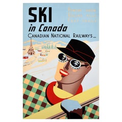 Affiche vintage originale des sports d'hiver Ski au Canada, Chemins de fer nationaux canadiens
