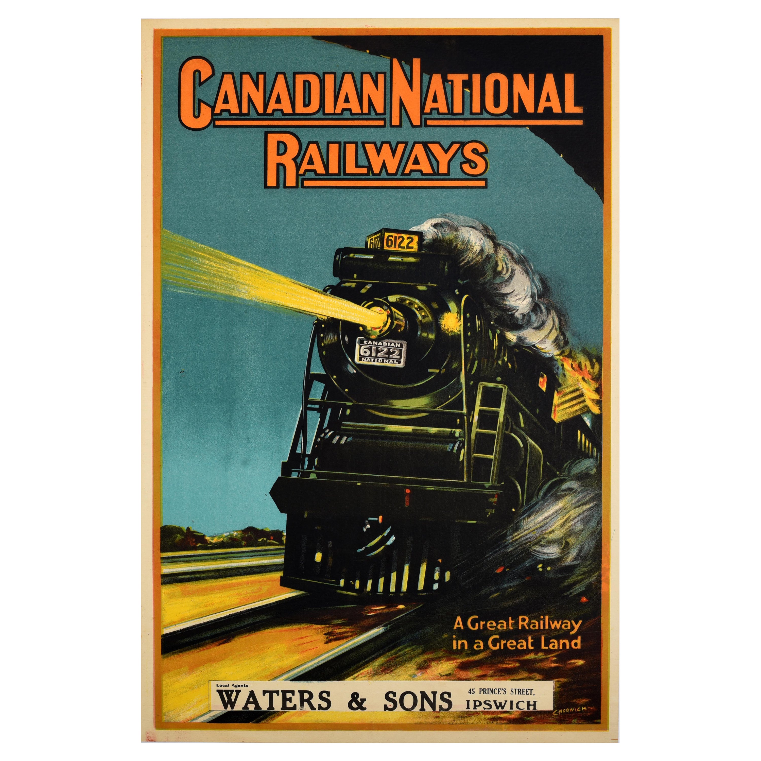 Original Antique Train Travel Poster Canadian National Railways Steam Locomotive For Sale