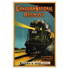 Affiche originale et ancienne de voyage en train, Canadian National Railways Steam Locomotive