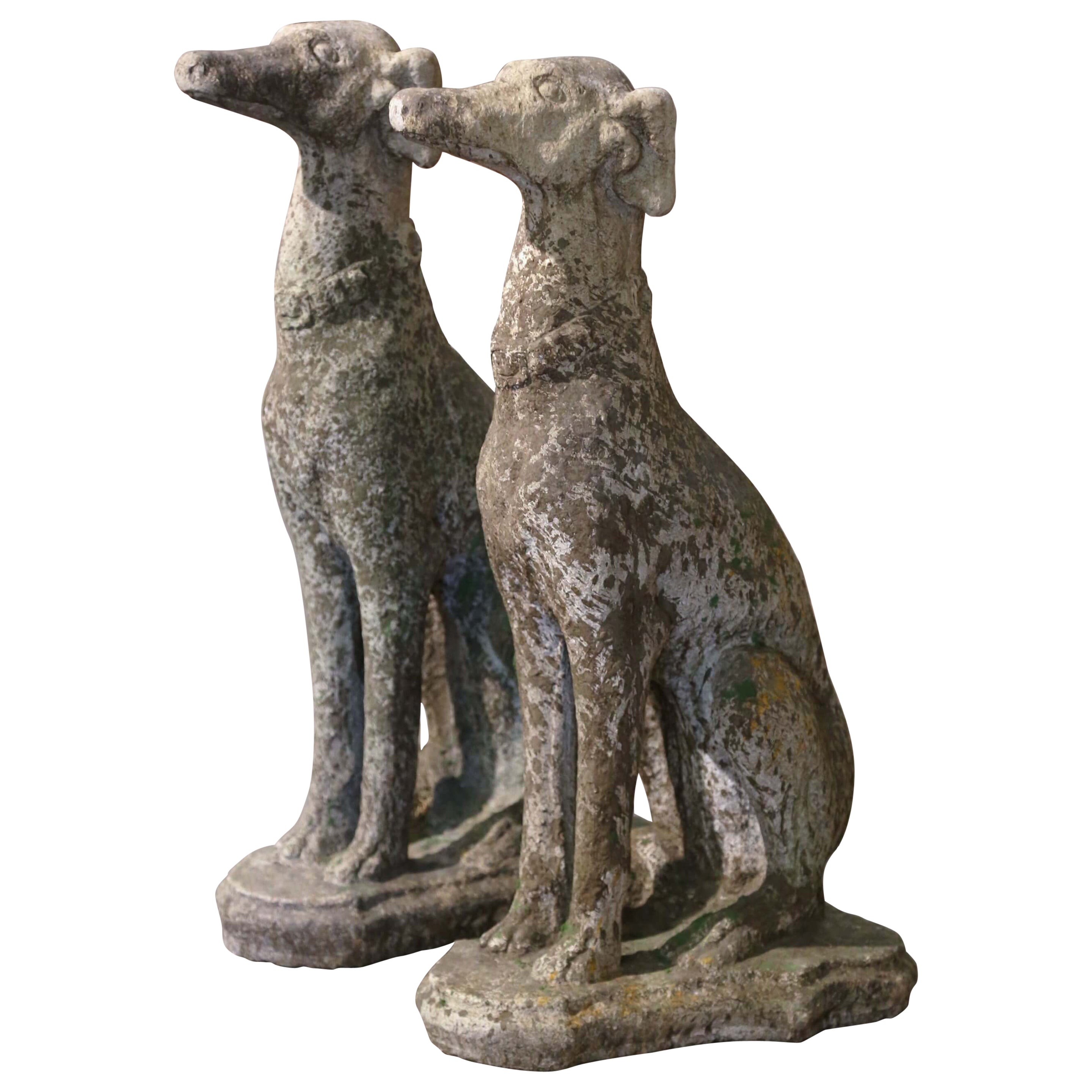 Pair of Vintage French Outdoor Weathered Carved Stone Greyhound Dog Sculptures For Sale